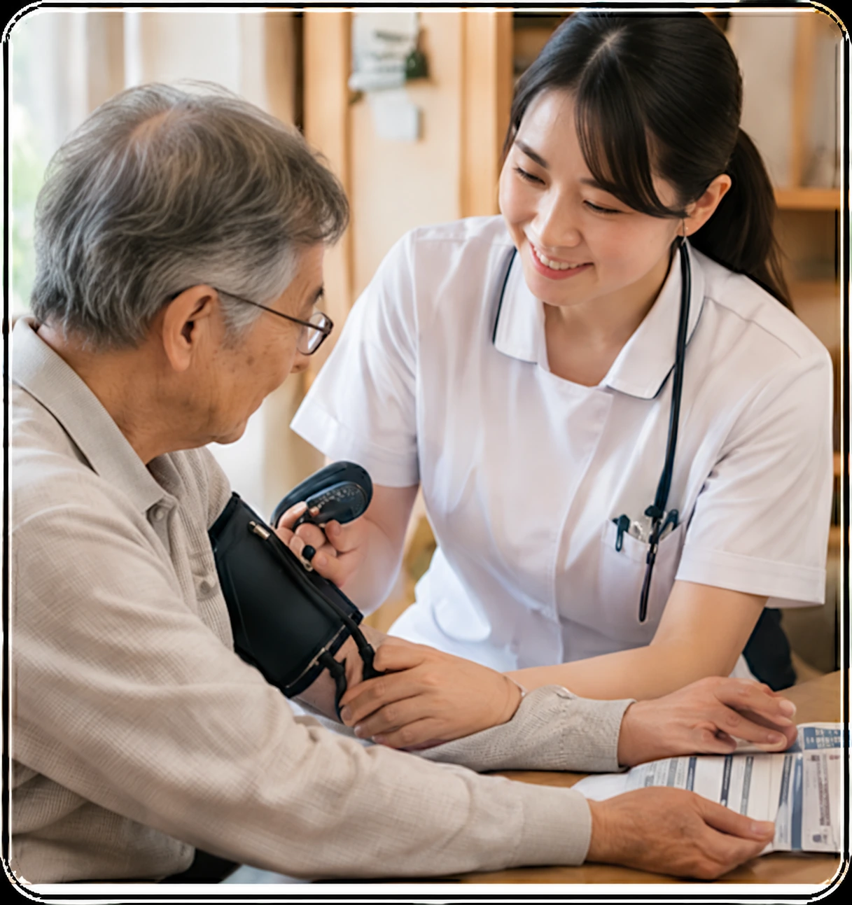 ご自宅で利用者と話す訪問看護師